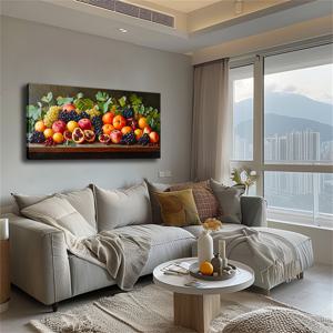 TEMU 대형 현대 미니멀 캔버스 벽화 - 포도, 사과, 오렌지로 구성된 화려한 과일 바구니, 소나무 목재로 프레임 - 가정 사무실, 거실, 침실, 식당 장식에 이상적 - 20x40인치, 침실 벽 장식|미니멀 벽화|목재 프레임