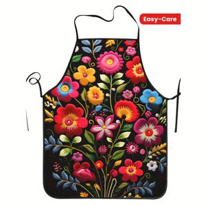 TEMU 화려한 멕시칸 플로럴 패턴 폴리에스터 앞치마 - 내구성 강한 민소매 주방 및 청소용 앞치마, 생동감 넘치는 꽃무늬 디자인