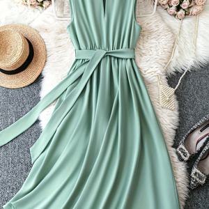 TEMU 새로운 패션 우아한 심플 여성용 라운드넥 솔리드 컬러 민소매 드레스