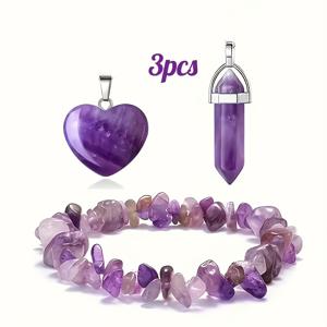 TEMU 천연 자수정과 석영으로 만든 하트 모양 펜던트가 있는 3피스 세트 - 커플, 부모님, 친구들을 위한 이상적인 선물용 DIY 주얼리 키트