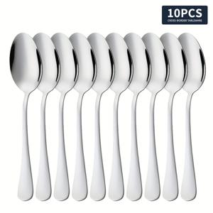 TEMU 10개 세련된 스테인레스 스틸 숟가락 - 가정 및 레스토랑 사용을 위한 두꺼운, 내구성이 뛰어난 식기, 수프, 샐러드, 저어기에 이상적 - 식기세척기 안전, 인간 중심 디자인, 다용도 사용