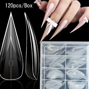 TEMU 120개 독수리 발톱 모양 투명 프레스온 네일 세트, 광택 있는 연장 풀커버 인조네일 팁, 여성용 캐주얼 복장을 위한 쉬운 적용 손톱, 네일 테크 용품