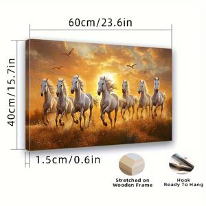 TEMU 2D 평면, -1개 런닝 7 마 귀가 있는 흰색 말 캔버스 벽걸이 액자 - 욕실, 침실, 사무실, 거실 장식용 벽화, 홈 데코, 액자 포함