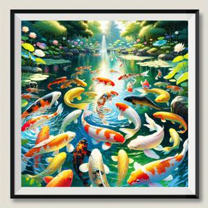 TEMU 대형 5D 페인팅 키트, 물고기 컬러풀 코이, 가정, 침실, 복도 및 서재에 적합한 원형 캔버스 아트 공예
