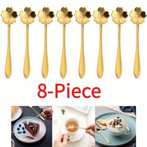 TEMU 8개 골든 체리 블라썸 스푼 세트. 금속 체리 블라썸 텍스처 디자인. 호텔, 레스토랑, 모임, 웨딩&파티용. 디저트, 케이크, 커피 저어주는 티스푼/소형 스푼