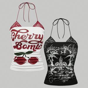 TEMU 새로운 패션 우아한 레이스업 홀터넥 프린트 레이스 스플라이싱 여성 탑 투피스 세트