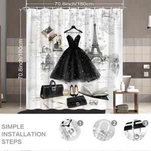 TEMU [2D 평면 프린팅] 1개 파리지앵 드레스 샤워 커튼 블랙 가운 패션 스케치 에펠탑 시크 우아한 데코 모던 패션 홈 욕실 룸 장식 욕실 액세서리 12개 후크 포함 홈 데코 70.8X70.8 인치, 2D 평면|샤워가운