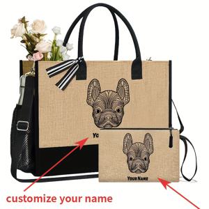 TEMU 【맞춤제작】독점 884 라인 불도그 요소 프린트, 이름 인쇄 개인 맞춤형 핸드백 2pcs 세트 가벼운 쇼핑 여행 비치백 & 메이크업 파우치