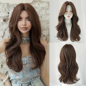 TEMU 여성용 일반 가발, 루즈하고 곱슬거리는 커피 브라운 색상, 중간 부분이 특징이며, 높은 밀도와 볼륨을 특징으로 하여 일상적인 파티 및 뮤직 페스티벌에 적합하며, 크기는 20.86인치입니다.