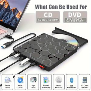TEMU 8-In-1 USB 3.0 휴대용 외장 CD/DVD 드라이브 - 슬림, 경량, 배터리 불필요, PC, Mac, Windows 11/10/8/7, Linux 호환 - 읽기/쓰기, 굽기, 리핑, 소프트웨어 설치, 데이터 백업, USB 확장, SD 카드 리더기, DVD/CD/VCD 호환