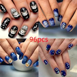 TEMU 고양이, 별, 달, 올빼미 디자인의 짧은 사각형 프레스온 네일 96개 세트 (젤리 글루 및 네일 파일 포함), 여성 데일리, 파티, 축제용으로 적합