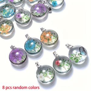 TEMU 생명의 나무 원형 펜던트 8개 세트. 유리 비즈에 식물, 꽃, 나비 디자인이 특징입니다. 이 레이스 투명 유리 장식품은 목걸이, 귀걸이 및 키체인 주얼리 제작에 적합합니다.