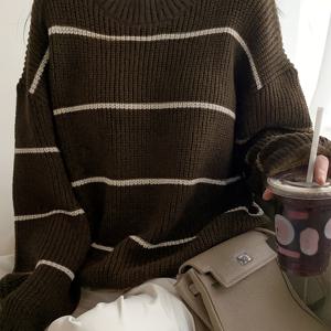 TEMU 여성용 우아한 갈색 & 흰색 줄무늬 풀오버 스웨터 - 캐주얼 롱 슬리브 라운드 넥, 부드러운 원단, 가을/겨울에 완벽, 캐주얼 착용 스웨터|줄무늬 패턴 스웨터|건축, 스웨터 드레스