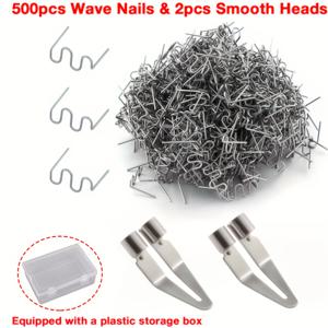 TEMU 자동차 범퍼 수리 플라스틱 용접 도구 키트, 500개의 플라스틱 용접 나일 & 2개의 평탄화 헤드, 0.8Mm 파동 용접 나일, 삼각형 부드러운 헤드, 용접 철 끝이 있는 핫 멜트 수리용, 플라스틱 용접기 보조 액세서리 부품 도구 세트.