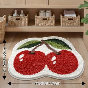 TEMU 1개 다장 체리 과일 패턴 욕실 매트 - 매우 부드러운 흡수성 미끄럼 방지 욕실 러그, 빨간 체리 & 녹색 잎 디자인, 플러시 폴리에스터, 세탁기 사용 가능