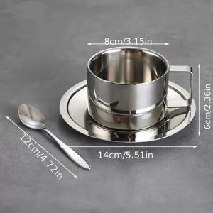 TEMU 304 스테인리스 스틸 재질의 유럽 스타일 커피 컵, 접시, 스푼 3개 세트, 이중 레이어 밀라노 커피 컵 3개 세트