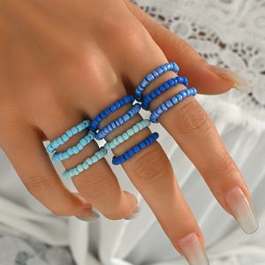 TEMU 10개/세 여성 패션 스타킹 링 패션 스타일 그라데이션 블루 라운드 비즈 링 스타일 크리에이티브 다중 레이어드 탄성 로프 쌀 비즈 링 세트 유리 소재 여름 해변 휴가 쌀 비즈 링