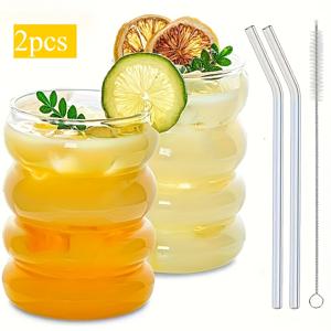 TEMU 빈티지 리플 디자인의 창의적인 물결 유리컵 2개 세트, 빨대 포함, 귀여운 캐터필러 스타일, 아이스 커피, 칵테일, 소다, 주스, 맥주, 샴페인에 적합—홈, 주방, 바에서 사용하기 이상적