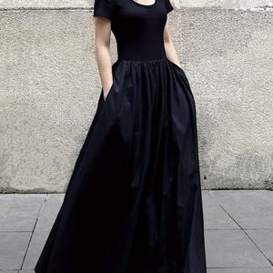 TEMU 프렌치 스타일 A라인 반팔 미디 & 맥시 드레스 - 솔리드 블랙 여름 우아한 드레스, 라운드넥 코리안 스타일 웨딩, 파티, 오피스용 (논스트레치) - 2025 신상|여름원피스|여성원피스|인견원피스