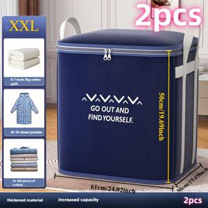 TEMU 스타일의 레터링이 있는 대용량 접이식 수납 상자 2개 세트. 튼튼한 손잡이와 지퍼가 특징이며, 옷, 담요, 속옷, 침구, 침대 밑 수납에 적합한 다기능 컨테이너입니다.