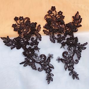 TEMU 웨딩드레스 장식용 블랙 레이스 꽃 비즈 패브릭 패치 한 쌍