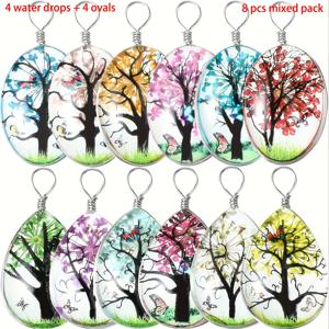 TEMU 8개 세트 오벌 펜던트 - 컬러풀 플로럴 트리 패턴, 생명의 나무 엠보싱 디자인, 투명 유리 구슬, 레이스 플로팅 장식 혼합 컬러. DIY 목걸이, 귀걸이, 키체인, 주얼리 제작에 적합. 고품질 주얼리 공예. 남녀 모두에게 이상적인 휴일 선물. 사이즈: 0.7x1x0.3 인치