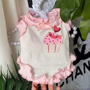 TEMU 가벼운 여름 신상 애견 의류, 물방울 무늬, 달콤한 플러터 소매, 레이스, 그리고 비숑 및 테디 품종을 위한 귀여운 케이크 자수 드레스