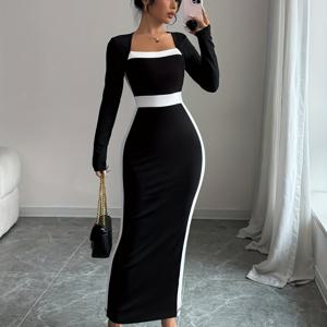 TEMU 여성용 프렌치 스퀘어넥 바디콘 맥시 드레스 블랙 & 화이트 롱슬리브 95% 폴리에스터 (소재 그대로) 파티, 데이트, 이브닝용 사계절 착용 (사이즈 가이드 확인: 착용감 차이 있을 수 있음)