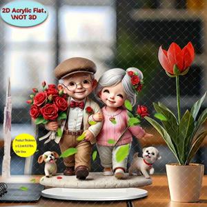 TEMU 2D 플랫 - [2D 플랫] 2D 프린트 로맨틱 장미 아크릴 (베이스 포함) - 매력적인 노인 커플 조각상, 스타일 데스크탑 장식, 발렌타인데이, 부활절, 라마단, 카니발에 적합, 전기 불필요, 축제 선물 및 수집품