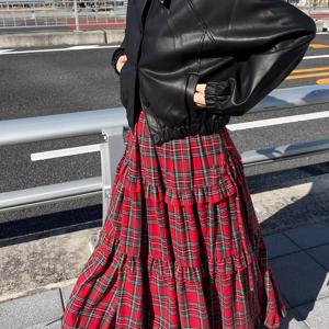 TEMU 크리스마스 시즌 레드 체크 스커트 여성용, 가을/겨울 스트레치 허리 라인드 러플 헴 빈티지 체크 A라인 케이크 스커트