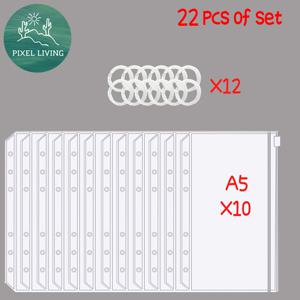 TEMU Pixelliving 22개 세트 [A5/A6 6구 투명 바인더 포켓 지퍼 포켓 10개 + 투명 바인더 링 12개] 현금 보관 지퍼 포켓 문구류 보관 필통 문구 용품 학용품 예산 홀더 추가|필통