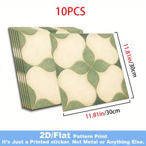 TEMU 10개 2D 평면 비닐 바닥 타일 - 그린 & 화이트 페탈 기하학 , 신선한 자연 스타일 - 11.81x11.81인치, 자가 접착 DIY 디자인, 욕실 및 주방용, 일상 장식과 축제 분위기 연출에 완벽, 홈 리모델링에 이상적, 피어-앤드-스틱 PVC 가죽 바닥재, 독특한 분위기 창조