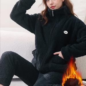 TEMU 겨울 밀크 벨벳 편안한 두꺼운 따뜻한 긴팔과 바지 투피스 세트, 포켓이 있는 아우터웨어 라운지웨어, 캐주얼 스탠드 칼라 지퍼 탑