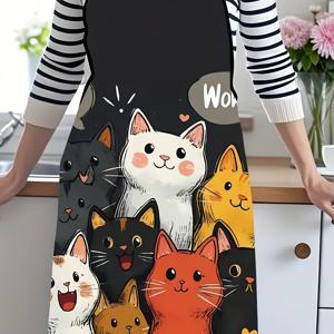 TEMU 귀여운 고양이 패턴 앞치마 - 만화 고양이와 글자 디자인, 튼튼하고 세척이 용이하며 요리, 정원 가꾸기 및 홈 데코에 적합합니다. 이 고양이 앞치마는 편리한 세탁 가능한 원단으로 재미있는 주방 의상입니다.