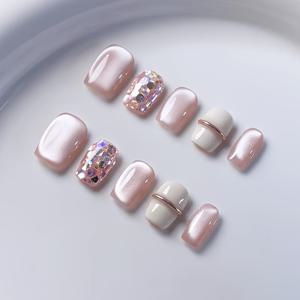 TEMU 핑크 광택 끝, 글리터와 캣아이 액센트가 장식된 수제 사각 짧은 네일 폼 10개 세트 (접착 탭 포함)