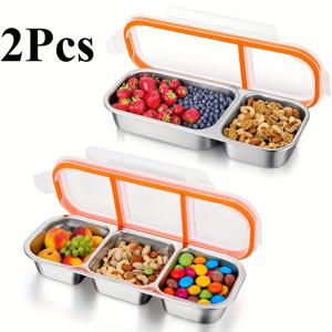 TEMU 2개 세트 304 스테인리스 스틸 스낵 용기 - 플립탑 뚜껑 포함 - 2/3단 밀폐 식품 보관 용기, 식기세척기 안전, 공간절약형 정리함 - 사무실, 학교, 여행, 주방용 - 성인 및 이동식 식사에 이상적|식기세척기|식기세척기|트라이탄밀폐용기
