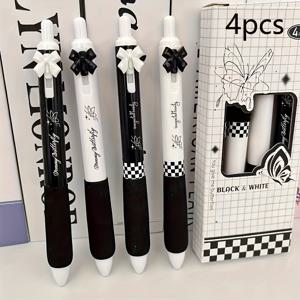 TEMU 세련된 블랙 앤 화이트 나비 핑크 프레스 펜 (블랙 잉크), 입체적인 리본 디자인과 편안한 스펀지 그립이 특징인 젤 펜. 학생 시험 및 사무실 노트에 적합. 귀여운 펜, 예쁜 펜, 귀여운 학용품, 볼펜, 필기용 펜, 고품질 펜, 문구류
