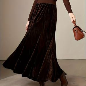 TEMU 여름/겨울용 우아한 여성 벨벳 스커트 | 편안한 스트레치, 플레어 밑단, 레귤러 핏, 광택 있는 밑단