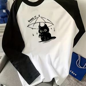 TEMU 봄/가을용 여아 긴팔 티셔츠, 블랙 & 화이트 컬러 블록 오프숄더 소매, 귀여운 HELLO 애니메이션 검은 고양이와 우산 디자인, 중대형 아동용 스타일리시 상의, 부드럽고 편안한 스트레치 소재, 세탁기 사용 가능