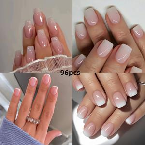 TEMU 96개 세트 스퀘어 숏 심플 그라데이션 프레스온 네일, 달콤한 그라데이션 프레스온 인조네일, 귀여운 심플 광택 네일 스티커, 웨딩 네일, 인조네일, 네일팁, 숏, 패셔너블, 성인 행사, 입학식, 졸업식, 결혼식, 파티용