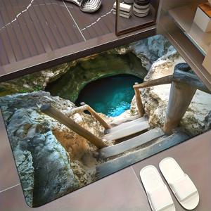 TEMU 1개 광학 환상 수탑 욕실 미끄럼 방지 매트, 신비로운 동굴 디자인의 계단과 푸른 물이 있는 미끄럼 방지 흡수 내구성 러그 - 침실, 거실, 주방, 세탁실 입구용 크리스마스 장식 도어매트 & 완벽한 선물