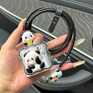 TEMU 아이폰 18-20W/20W 어댑터 호환 귀여운 팬더 디자인 폰케이스 & 데이터 케이블 커버 5개 세트, 충격 방지 커버로 포트 파손 방지, 스마트폰 호환