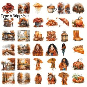 TEMU 36개/세트 창의적 수제 가을 풍경 비 오는 호박 가을 잎 2D/평면 고품질 스티커, 쓰레기 다이어리, 노트북, 스크랩북 장식, 수동 계정 DIY 커팅북 스티커용