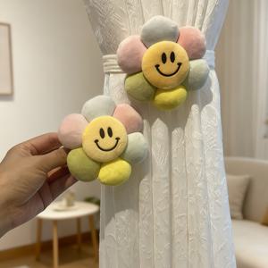 TEMU 2개 세트, 귀여운 만화 스마일 얼굴 꽃 커튼 (끈 포함), 모던 스타일, 홈 데코 창문 액세서리, 거실, 사무실 및 홈 데코레이션에 적합, 설치 및 제거 용이.