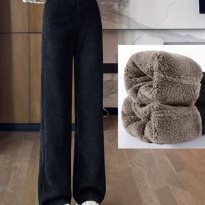 TEMU 두꺼운 플리스 바지 - 하이웨이스트 와이드 레그 트라우저 - 따뜻한 여성 바지 - 루즈핏 와이드 레그 팬츠 - 램프리 플리스 트라우저 - 블랙 롱 팬츠