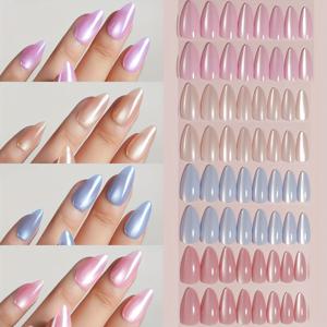 TEMU 96개입 아몬드형 캣아이 풀커버 프레스온 네일 - 4색 (퍼플/핑크, 누드, 블루, 핑크) 광택 탈부착 네일 패치, 여성 DIY, 크리스마스, 발렌타인데이, 데일리웨어용 - 간편한 네일 아트