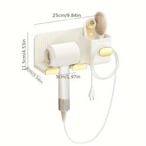 TEMU 모던 벽걸이 헤어드라이어 보관대 - 화이트 골드 컬러, 간편한 설치 (드릴 필요 없음), ABS 소재, 공간 절약, 욕실 정리 및 청결 유지, 헤어드라이어, 빗, 액세서리 보관용