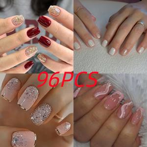 TEMU 96개입 짧은 사각 프레스온 네일, 스타일리시하고 간편한 프렌치 글리터 디자인, 젤리 글루 및 네일 파일 포함, 여성 데일리 모임 및 축제 행사에 적합