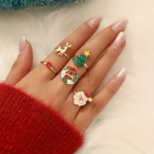 TEMU 여성용 크리스마스 선물 세트, 5개/세트 패션 링, 레트로 심플 스타일 엘크 크리스마스 트리 크리스마스 링 세트, 휴일 축하용