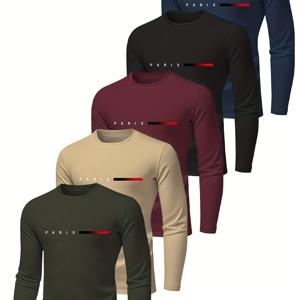 TEMU 남성용 긴팔 티셔츠 5종 세트 - 통기성 좋은 폴리에스터 소재 - 파리 프린트 디자인, 레귤러 핏, 봄, 여름, 가을에 착용하기 적합